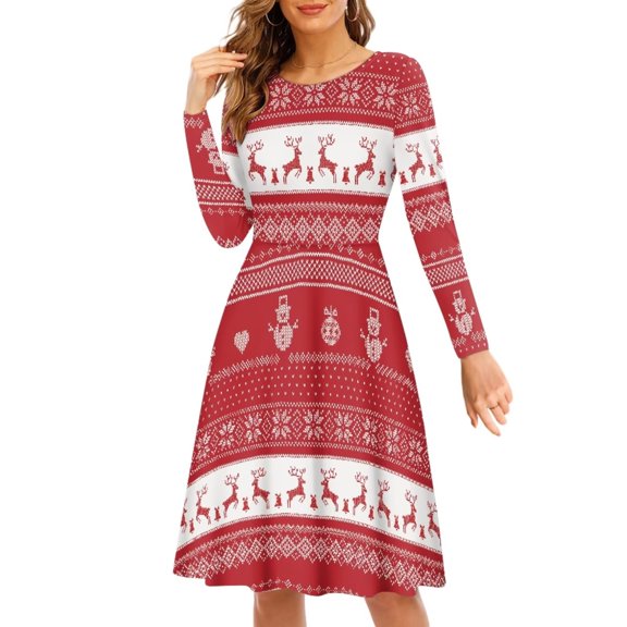FKELYI Christmas Snowman Women Dresses Size 3XL Durable Red Reindeer Swing Skater Dress Stretchy Women Dress Long Sleeve Party Hoilday