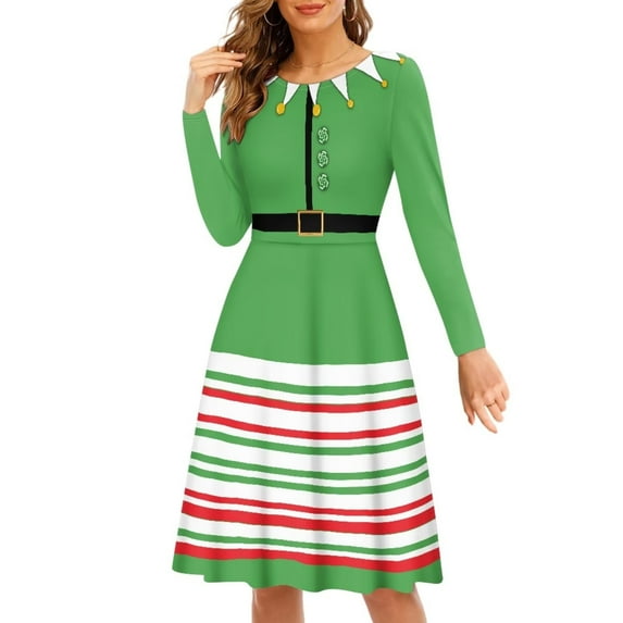FKELYI Christmas Stripes Women Dress Comfortable Green Christmas Dresses for Women Polyester Women Dress Long Sleeve Party Size XL