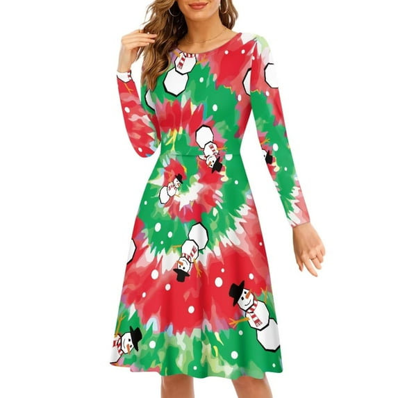 FKELYI Christmas Tie Dye Women Dresses Comfy Cute Snowman Woman Long Sleeve Casual Dress Festival Casual Midi Length Dress Size S Novelty