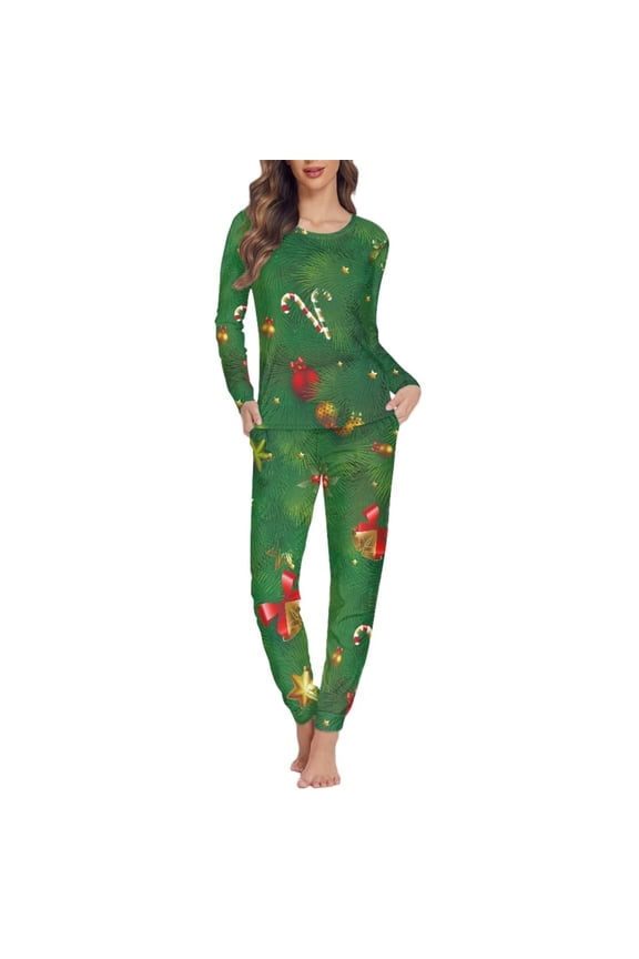 Christmas Tree Long Sleeve Pjs Comfy Candy Cane Long Sleeve Women Pajamas Set of 2 Casual Birthday Pajamas for Women Size 2XL