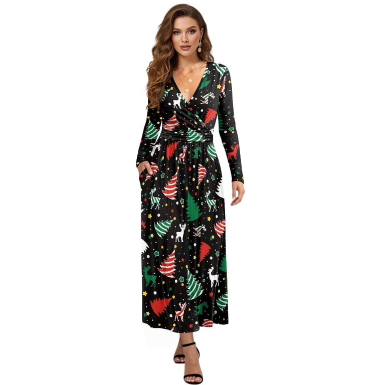 Fkelyi Christmas Tree Reindeer Print Womens Fall Dress Long Sleeve Maxi Dress for Wedding Party Casual Outdoor Cloth V Neck Soft Dresses with Pocket,