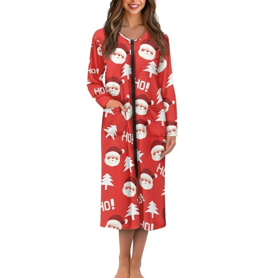 FKELYI Christmas Tree Santa Claus Print Women Zip Up Robe Nightgowns Long Sleeve Sleepwear Dress with 2 Pockets Comfy Bathrobes for Lady Full Length Nightwear Lounge Wear, 4XL