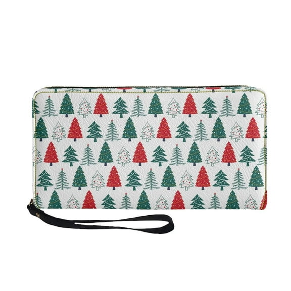 FKELYI Christmas Trees Leather Wallet Waterproof Around Zipper Clutch Wallet with Wristlet Portable Party Ladies Wallet Purse with RFID Blocking