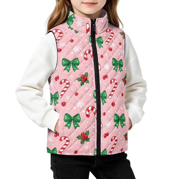 FKELYI Christmas Vest for Kids Candy Bow Pink Print, 7-8Y, Zip Up, Warm Jacket, Stand Collar Outerwear, Water Resistant, Lightweight Fall Winter Coat with Pockets