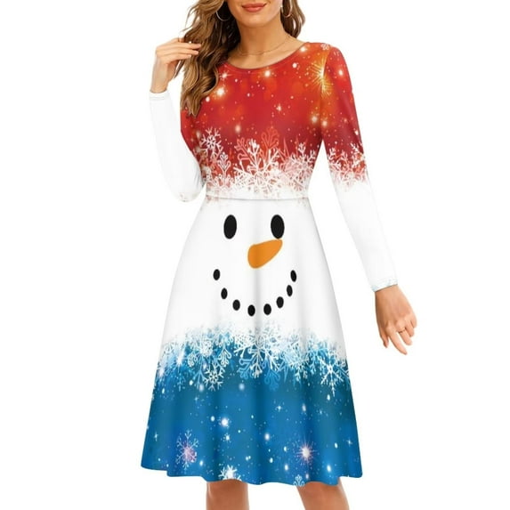 FKELYI Christmas Women Dress Size 3XL Elastic Snowman Snowflake Woman Casual Dress Long Soft Xmas Ladies A Line Dresses Knee Length