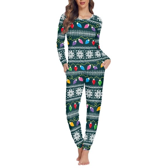 FKELYI Christmas Women Pajama Size M Polyester Long Sleeve Ladies Pajamas Sets Leisure Snowflake Lights Women Sleepwear 2 Piece