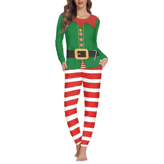 FKELYI Christmas Women Pajama Size M Polyester Red Green Long Sleeve Pjs for Women Set of 2 Leisure Pajamas Top and Pants with Pockets