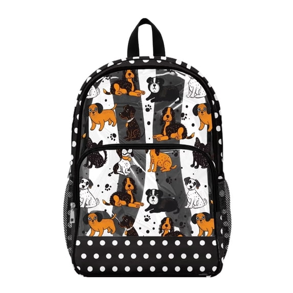 FKELYI Clear Backpack for Boys 17 Inch Schoolbag Cartoon Dog Polka Dot Print Lightweight Kids Backpacks Transprent Book Bag for Primary School Daypack Rucksack