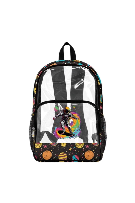 Clear Backpack for Boys 17 Inch Schoolbag Lightweight Kids Backpacks Starry Planet Astronaut Print Transprent Book Bag for Primary School Daypack Rucksack