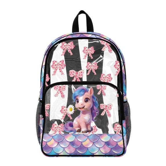 FKELYI Clear Backpack for Girls 17 Inch Schoolbag Lightweight Kids Backpacks Pink Bow Horse Fish Scale Print Transprent Book Bag for Primary School Daypack Rucksack
