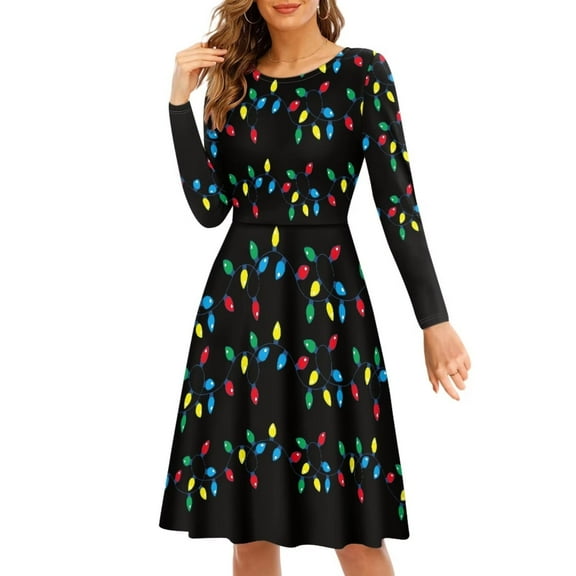 FKELYI Colorful Christmas Lights Women Dresses Size M Stretchy Party A Line Swing Skater Twirl Dresses Lightweight Long Sleeve Dress for Women Wedding Guest