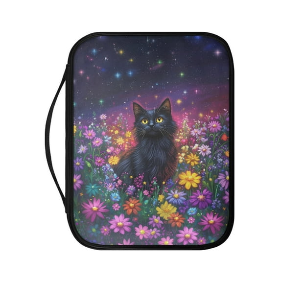 FKELYI Colorful Daisy Black Cat Print Faux Leather Bible Cover Church Bible Bag Bible Case with Handle & Zipper Pocket Book Cover Carrying Case Scripture Protector for Prayer