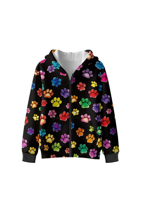 Colorful Dog Paw Print Zip Up Hoodies for Kids Fall Sweatshirt Jacket with Side Pockets Winter Activewear Top Boys Girls Cosy Hooded Clothes, L