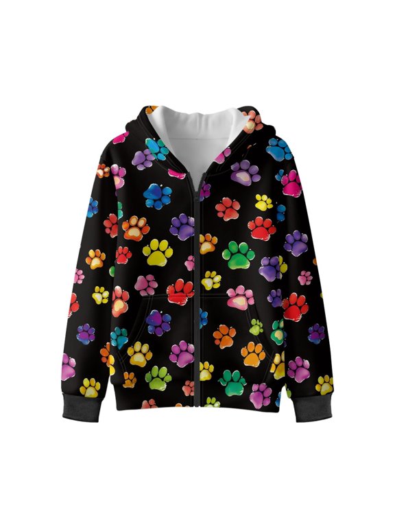 Colorful Dog Paw Print Zip Up Hoodies for Kids Fall Sweatshirt Jacket with Side Pockets Winter Activewear Top Boys Girls Cosy Hooded Clothes, M