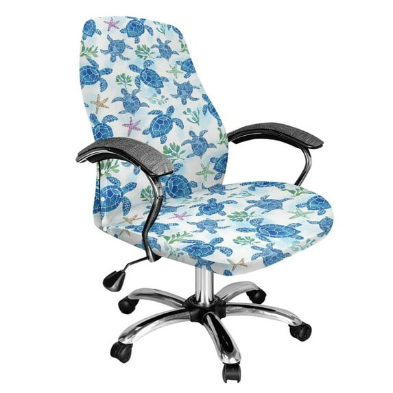FKELYI Coral Blue Turtle Starfish Print Office Chair Cover Computer Chair Covers Removable Chair Protector Slipcover Stretch Fabric Boss Chair Covers for Home Office, Large