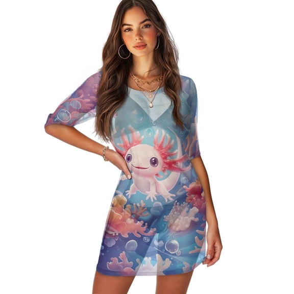 FKELYI Coral Pink Axolotl Print Swimwear Cover Ups for Women Half-Sleeve Cover Up for Bathing Suits Summer Beach Kafrtan Dress Soft Sheer Fabric Vacation Outfits, S