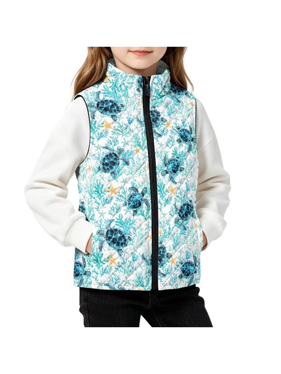 Coral Turtle Starfish Print Kids Quilted Vest, 2Y, Sleeveless Jacket for Boys Girls, Full Zip, Stand Collar, Down Layering, Fall Winter Outerwear for Spring