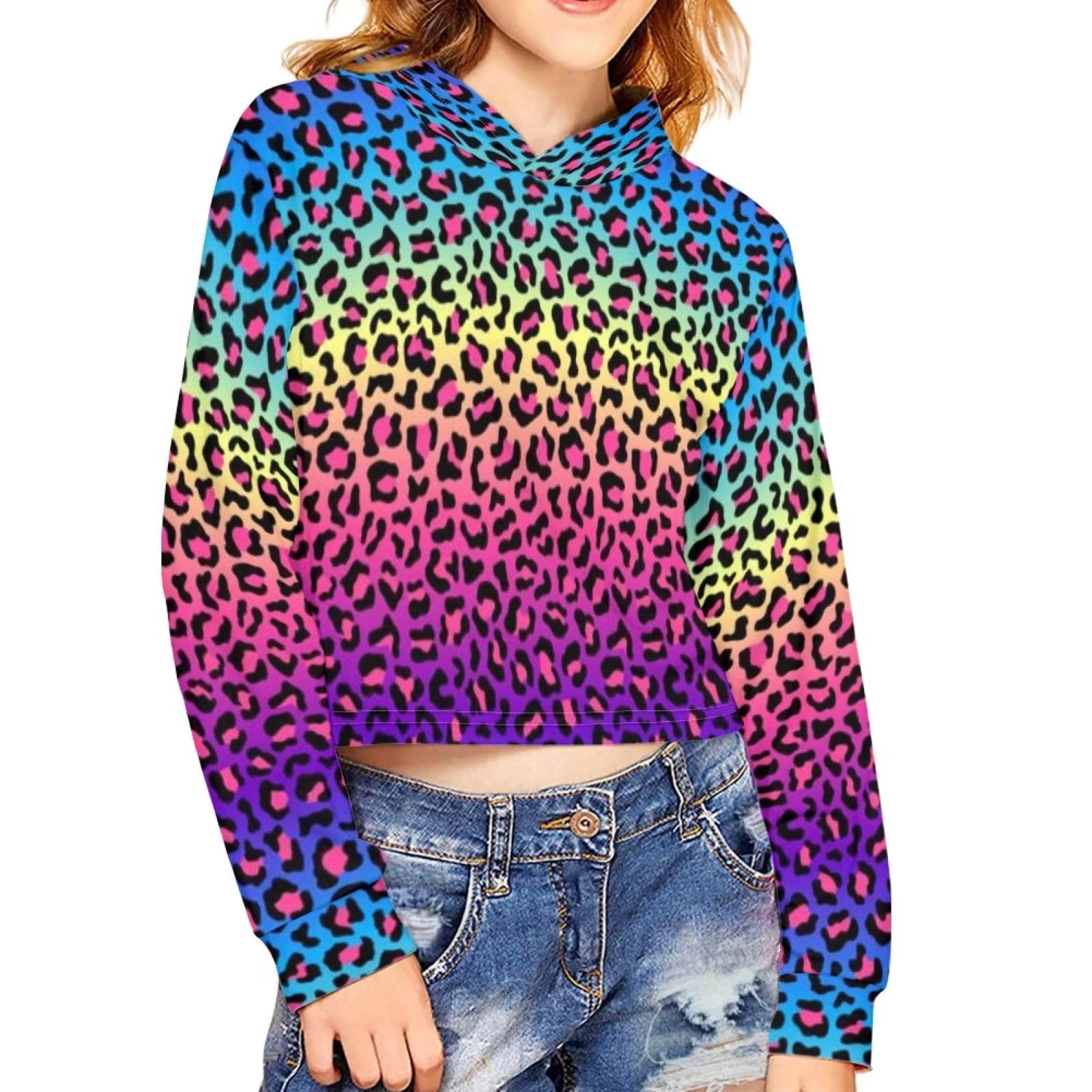 FKELYI Crop Tops Hoodies with Rainbow Leopard Print Size 5 6 Years Stretchy Party Sweater with Hoodie Soft Daily Life Crewneck Pullover Tops for Girls