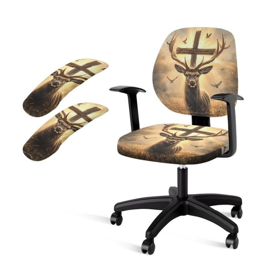 FKELYI Cross Elk Deer Print 2 Piece Office Chair Slipcovers with Armrest Covers Stretch Fabric Swivel Chair Cover for Computer Chair Armchair Washable Protector, 4 Pcs Set