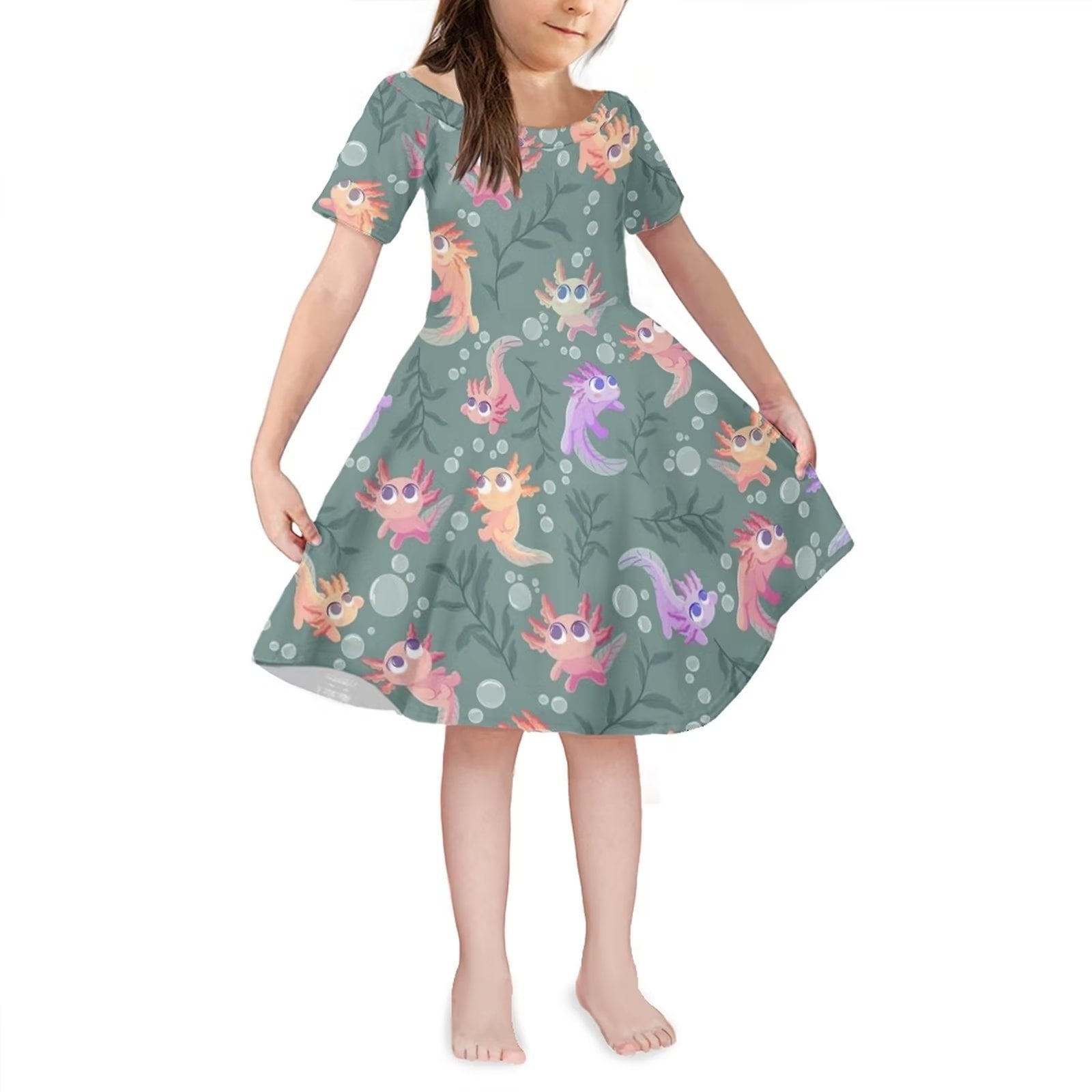 FKELYI Cute Axolotl Girls Dress Years Comfy Dancing Swing Twirl Skater