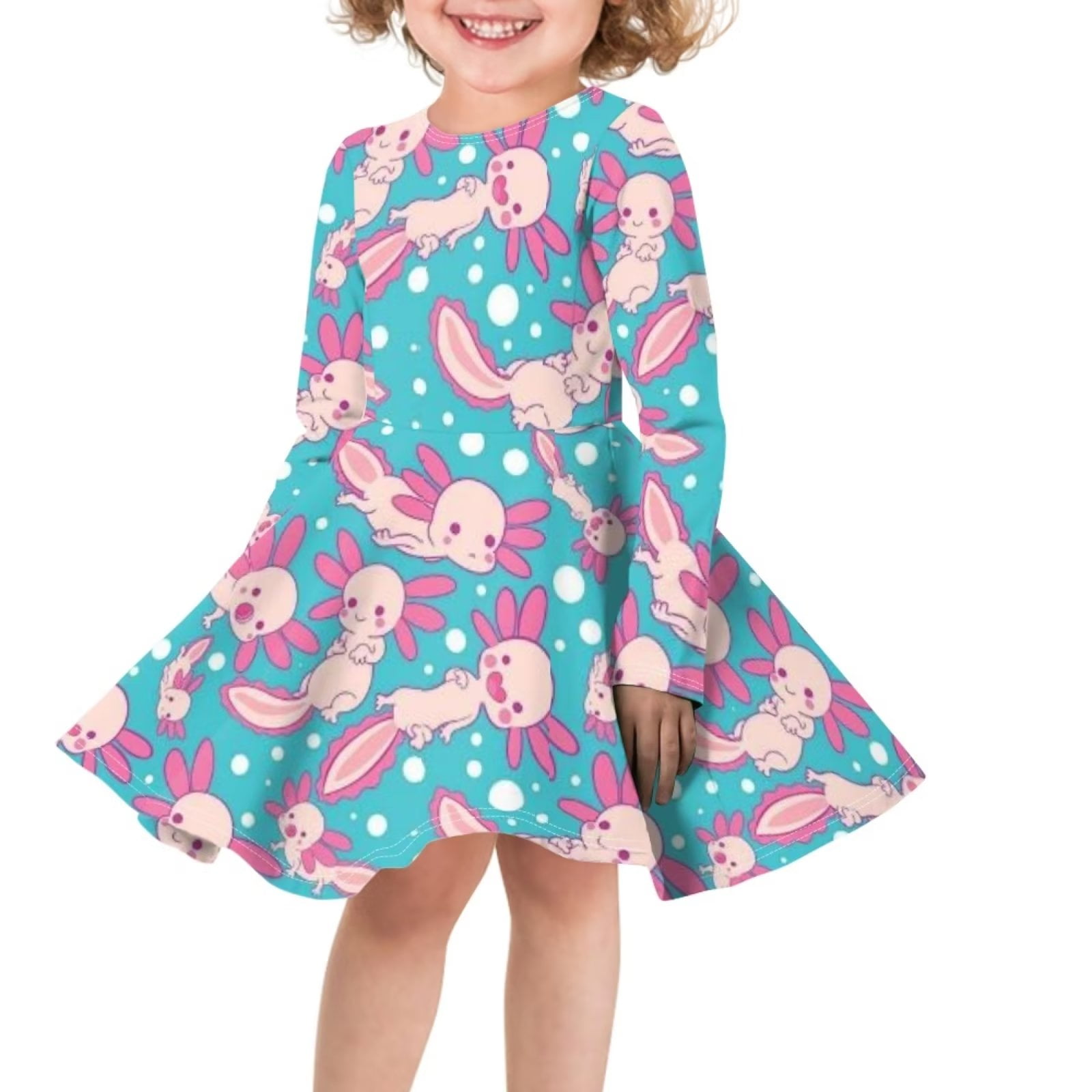 FKELYI Cute Axolotl Long Sleeve Dress for Kids Breathable Little Girls