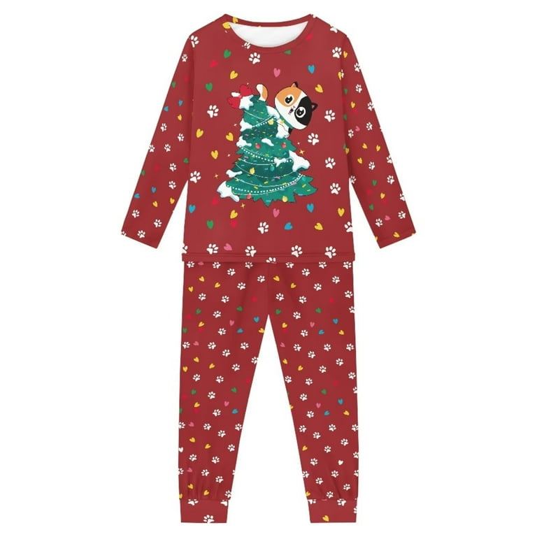 FKELYI Cute Cat Paw Pj Size 13 14 Years Old Casual Christmas Tree Girls Loungewear Set of 2 Loose Kids Pajama Pants