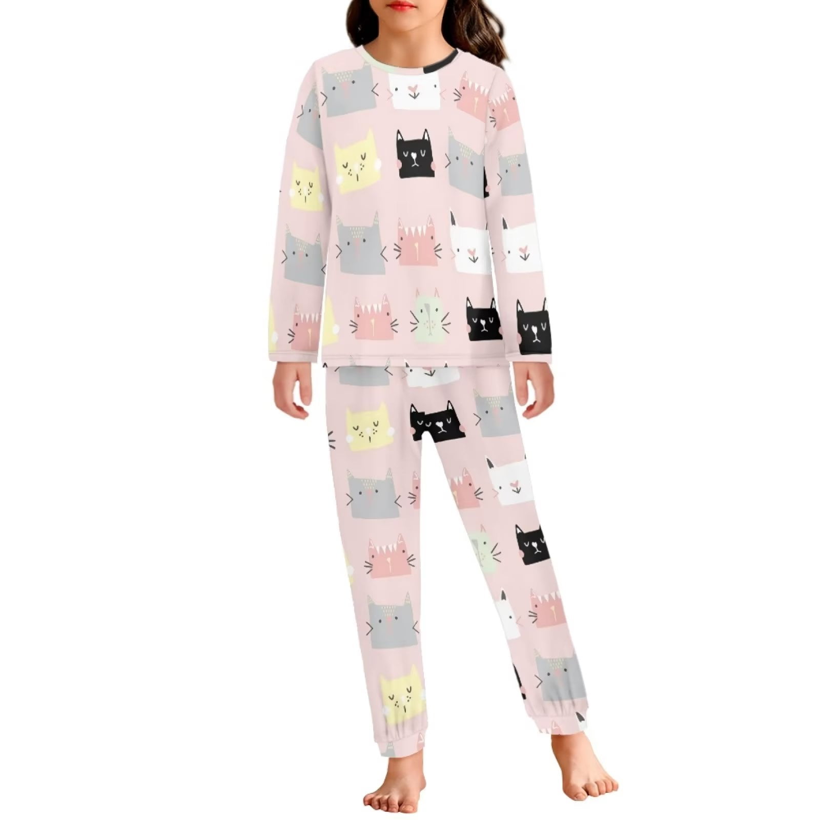 FKELYI Cute Cats Kids Pjs Girls 2 Packs Soft Vacation Long Sleeve  Loungewear Durable Crew Neck Girls Pajamas Size 5-6 Years Old 