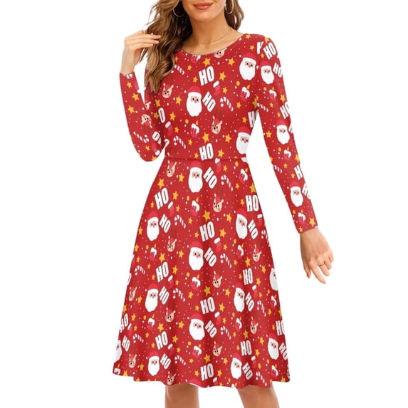 FKELYI Cute Christmas Santa Women Dresses Cute Reindeer A Line Skater Casual Twirly Dress Loose Women Formal Dresses with Sleeves Size 2XL