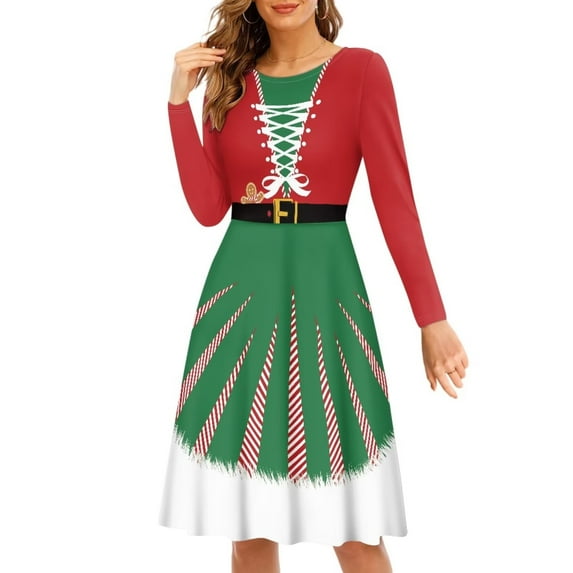 FKELYI Cute Christmas Women Dresses Size XL Polyester Long Sleeve Dress for women Formal Comfy Xmas Gingerbread Pleat Dress Midi