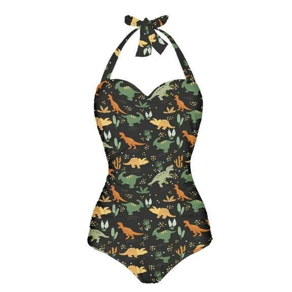 FKELYI Cute Dinosaur Grass Print One Piece Swimsuit Women's Cosy Swimwear with Halter Strap Bathing Suit with Soft Pad Breathable Monokini for Ladies Swimming Surfing, L
