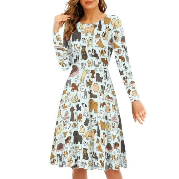 FKELYI Cute Dog Print Women Dress Size S Lightweight Women's Wear to Work Dresses Long Sleeve A Line Skater Casual Twirly Dress