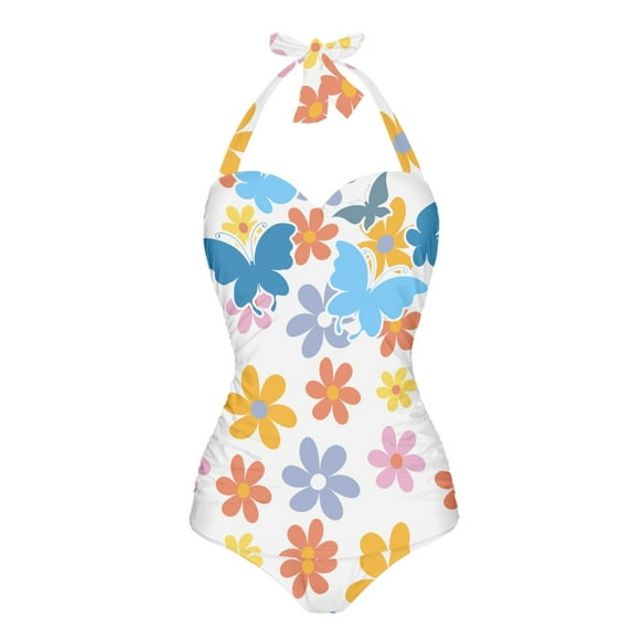 FKELYI Cute Floral Butterfly Print One Piece Bikini Swimwear Polyester Swimsuits Breathable Monokini Tummy Control Monokini Polyester Beach Suits with Halter Strap for Ladies, M