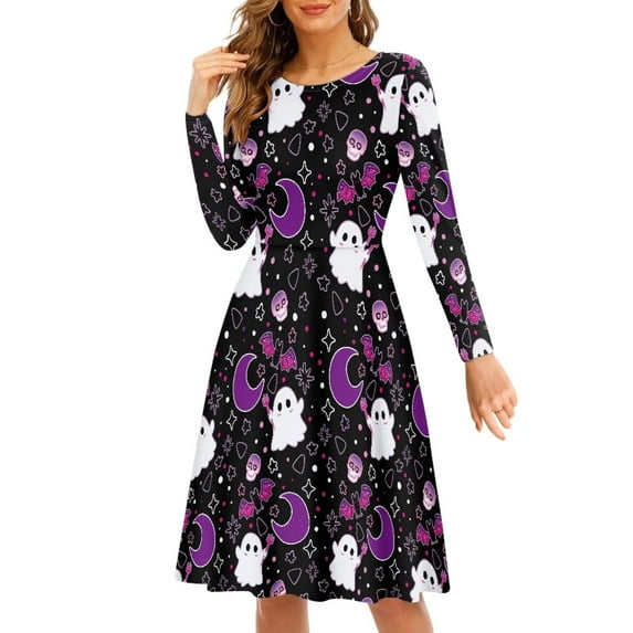 FKELYI Cute Halloween Women Dress Size 3XL Leisure Ghost Bats Women's Wear to Work Dresses Midi Breathable Party A Line Swing Skater Twirl Dresses Long Sleeve