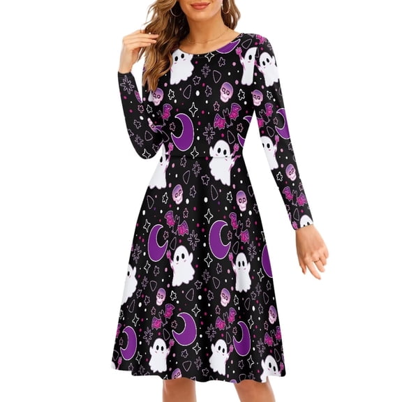 FKELYI Cute Halloween Women Dress Size M Leisure Ghost Bats Women's Wear to Work Dresses Midi Breathable Party A Line Swing Skater Twirl Dresses Long Sleeve