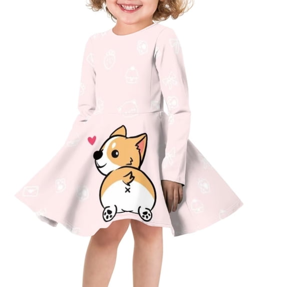 FKELYI Cute Heart Corgi Long Sleeve Dress Size 7-8 T Comfortable Daily Life Swing Twirl Skater Dress Loose Kids Girls Midi Dress Long Sleeve