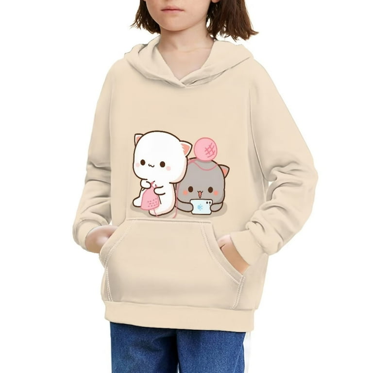 FKELYI Cute Kids Hooded Pullover with Cartoon Kitten Print Size 14 16 Years Comfy Elastic Outdoor Activities Hoodies for Teen Girls Kawaii