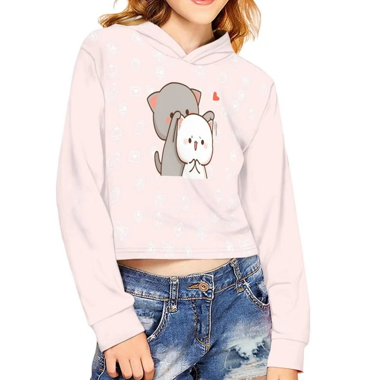 FKELYI Cute Kitten Crop Tops Hoodies Size 9-10 Years Elastic Playing Long  Sleeve Sweatshirts for Teen Girls Lightweight Leisure Hooded Pullover Tops  