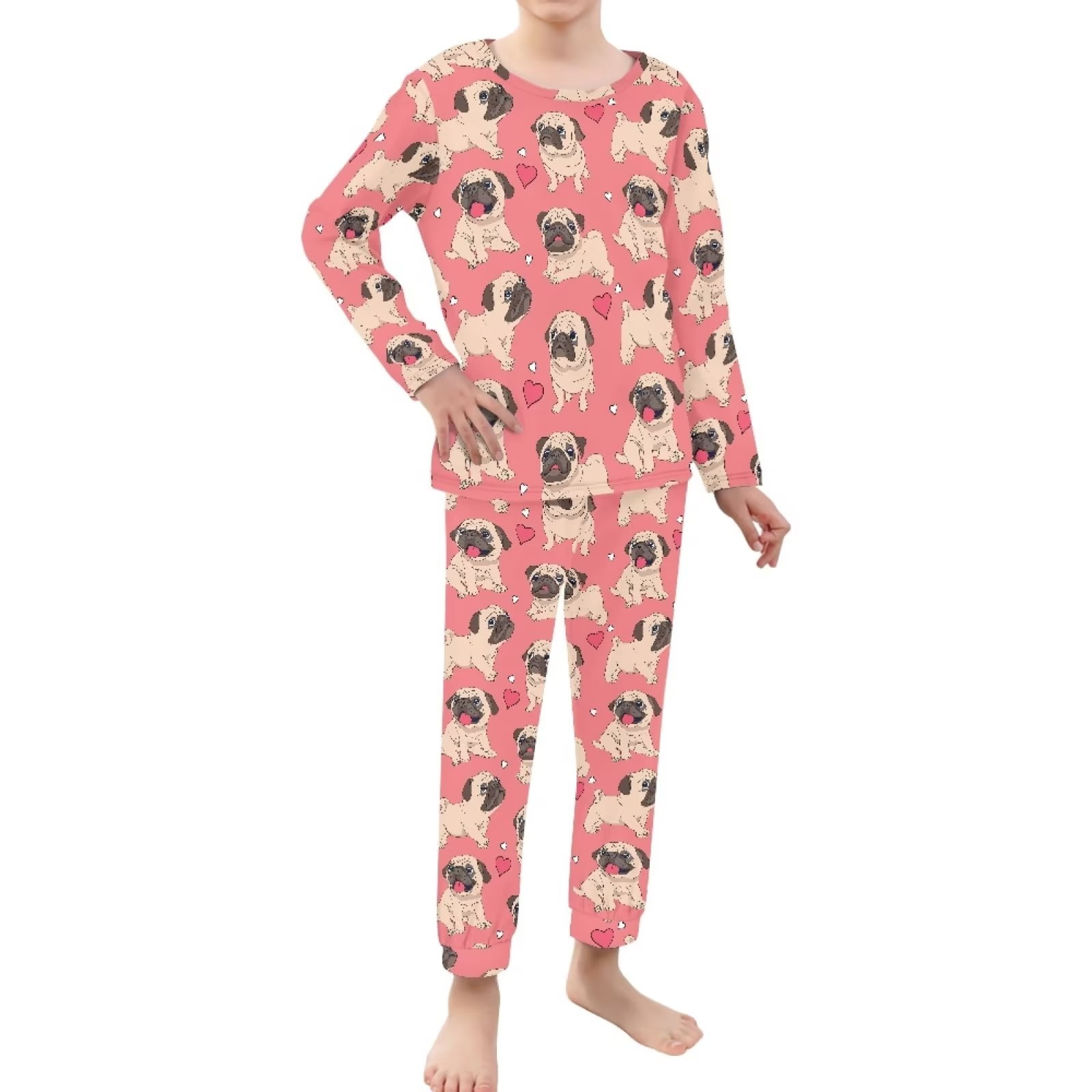 FKELYI Cute Pug Long Sleeve Pjs Lightweight Children Pajama Pattern 2 Pieces Stretchy Family Nightwear for Kids Girls Aged 7 8 Years