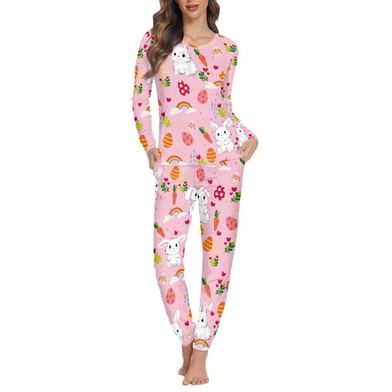 FKELYI Cute Rabbit Long Sleeve Pj Size 5XL Stretchy Easter Eggs Women Sleepwear 2 Piece Pink Durable Ladies Fall Winter Loungewear Set Skin Friendly