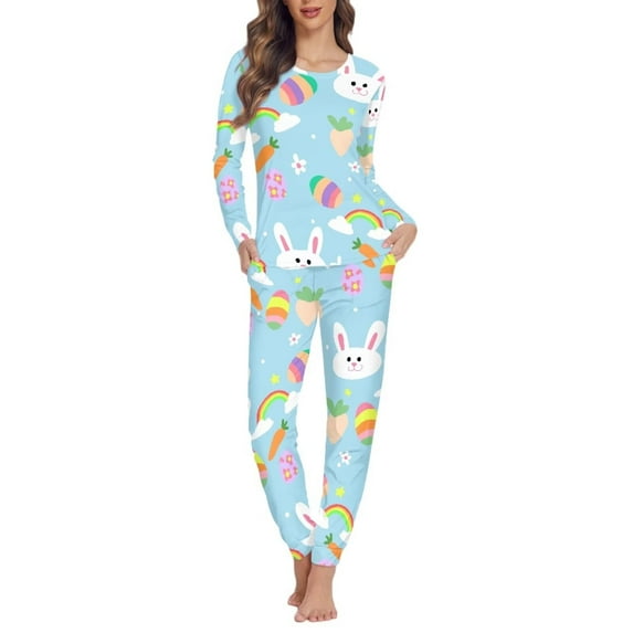 FKELYI Cute Rabbit Long Sleeve Pjs 2-Pack Easter Eggs Polyester Party Nightwear for Women Size M Leisure Long Sleeve Women Pajama Set