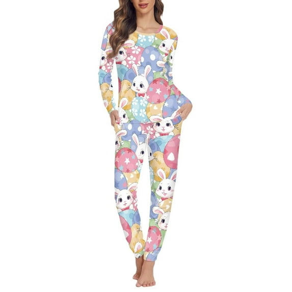 FKELYI Cute Rabbit Women Pajama Leisure Easter Eggs Long Sleeve Sleepwear Pajamas Set of 2 Polyester Pj Loungewear Tops and Pants Size 4XL