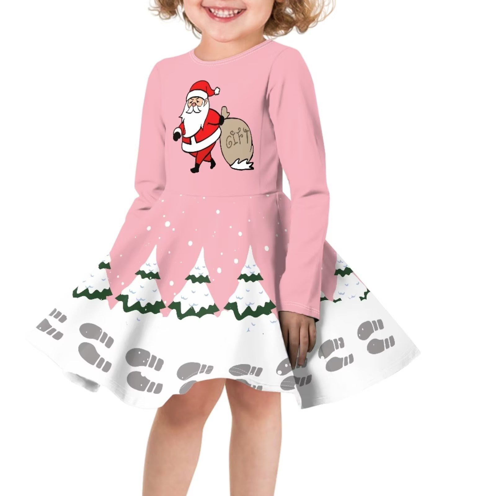 FKELYI Cute Xmas Santa Long Sleeve Dress Casual Little Girls Dress Up Clothes,Christmas Gift,Loose Girls Midi Dress Long Sleeve Aged 7-8 Years
