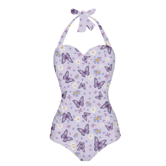 FKELYI Daisy Floral Butterfly Purple Print Women Swimsuits with Soft Pad One Piece Bikini Swimwear Halter Bathing Suits Polyester Beachwear Tummy Control Monokini for Ladies Summer, 2XL