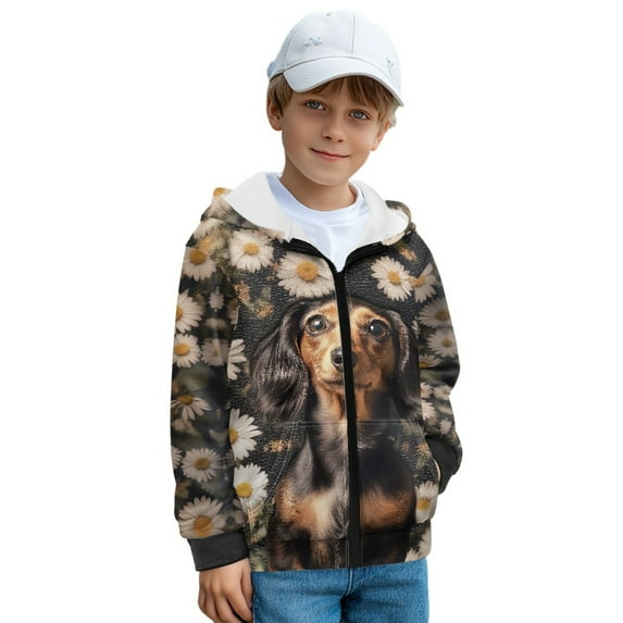 FKELYI Daisy Floral Dachshund Dog Print Zip Up Hoodies Kids Sweatshirt with Pockets Boys Fleece Hooded Activewear Fall Winter Clothes for Sport Travel, L
