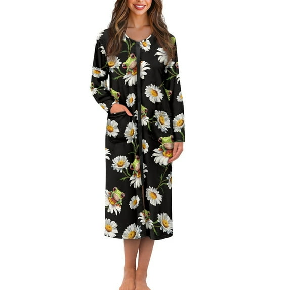 FKELYI Daisy Floral Frog Print Zipper Front Robe Nightgowns for Women Comfy House Coats Full Length Breathable Sleepwear House Dress Long Sleeve Bathrobe with 2 Pockets, S