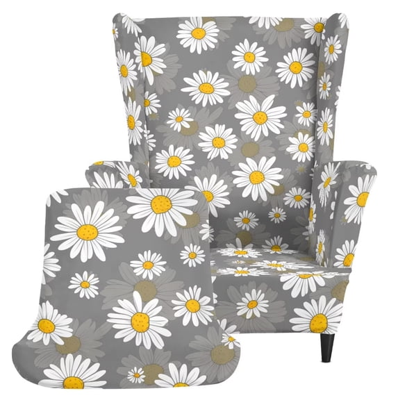 FKELYI Daisy Floral Grey Print Wingback Chair Slipcover 2 Piece Wing Back Armchair Protector Cover Non-Slip Home Decor for Furniture Washable Cover with Elastic Bottom