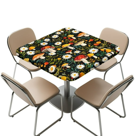 FKELYI Daisy Floral Mushroom Print Square Fitted Tablecloth Polyester Table Covers with Elastic Edge Waterproof Decor Table Cloth for Holiday Party Banquet Dinner, 36x36 inch
