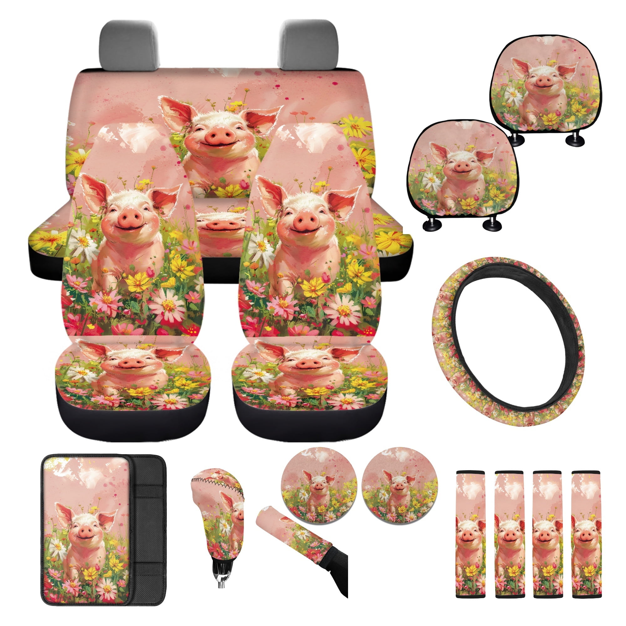 FKELYI Daisy Floral Pig Print Car Seat Covers with Steering Wheel Cover Seatbelt Pads Cover Cup Coaster Armrest Pads Hearest Cover Anti-Slip Gear Shift Knob Sleeve, 16 Pcs Car Interior Set