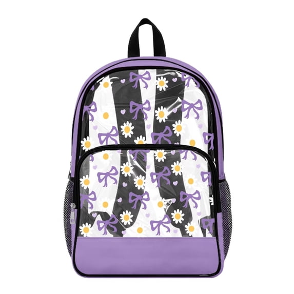 FKELYI Daisy Floral Purple Bow Print Clear Backpack for Elementary Student See Through School Bookbag 17 Inch Transprent Schoolbag Travel Bags Casual Daypack for Teens