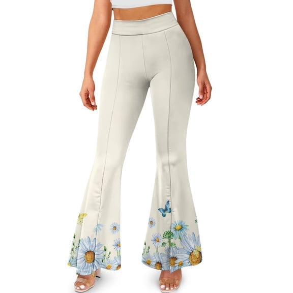FKELYI Daisy Flower Butterfly Print Yoga Leggings Women's Bell Bottom Yoga Pants High Waisted Bootcut Leggings Pants Athleticwear Sweatpants for Running Hiking, XL